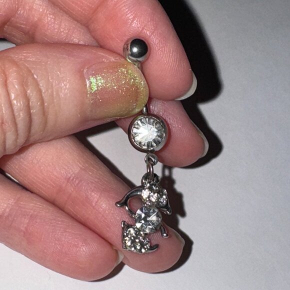 Clear Rhinestone Dolphin Dangle Belly Ring - Picture 7 of 12